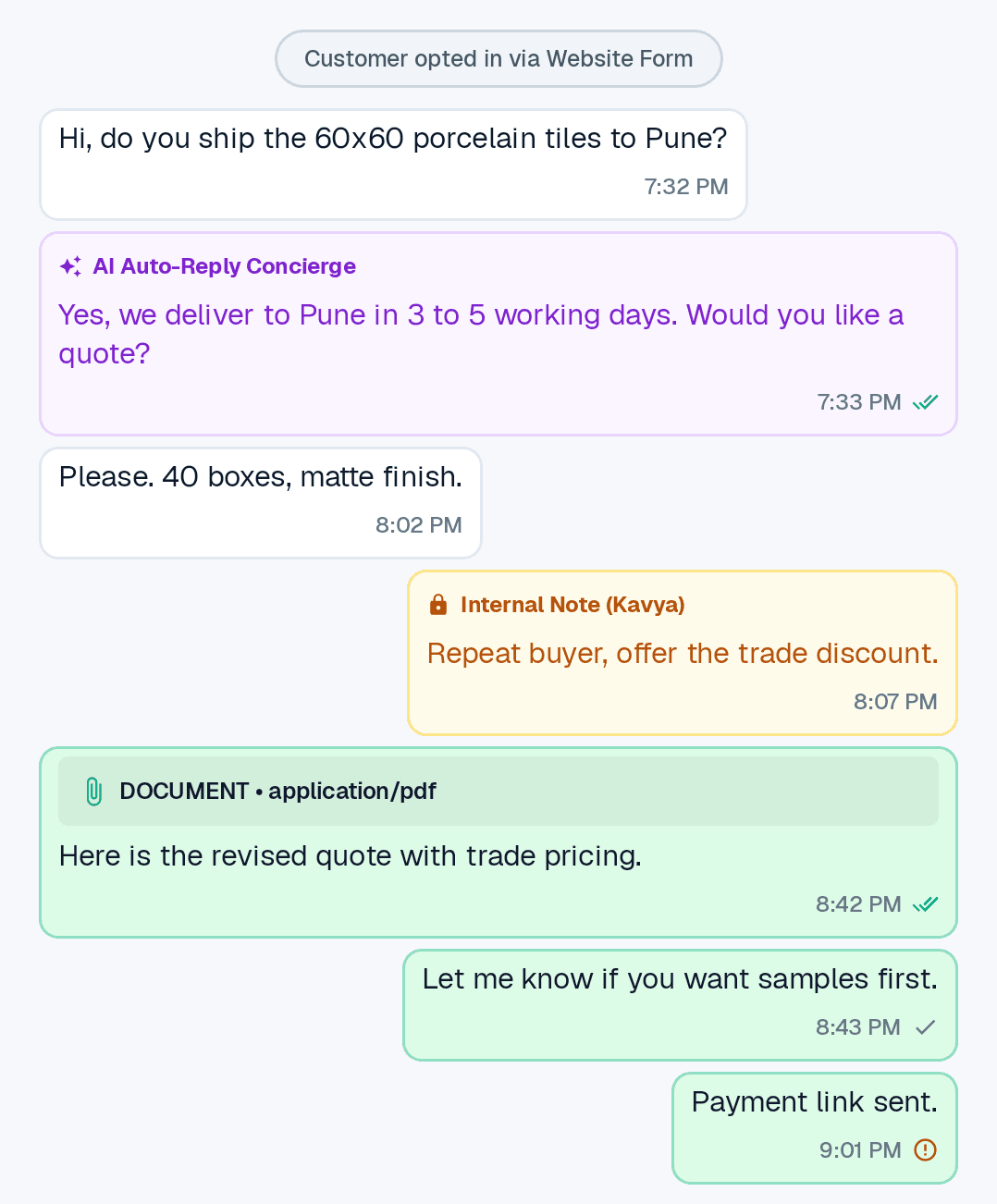ChatPat chat with an AI reply, an internal note and a shared quote