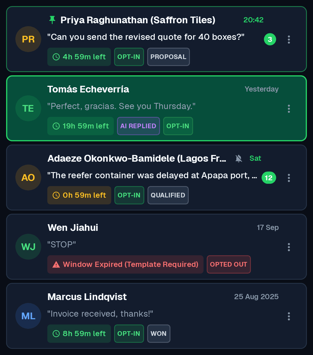 ChatPat inbox with reply-window timers, opt-in badges and pipeline stages