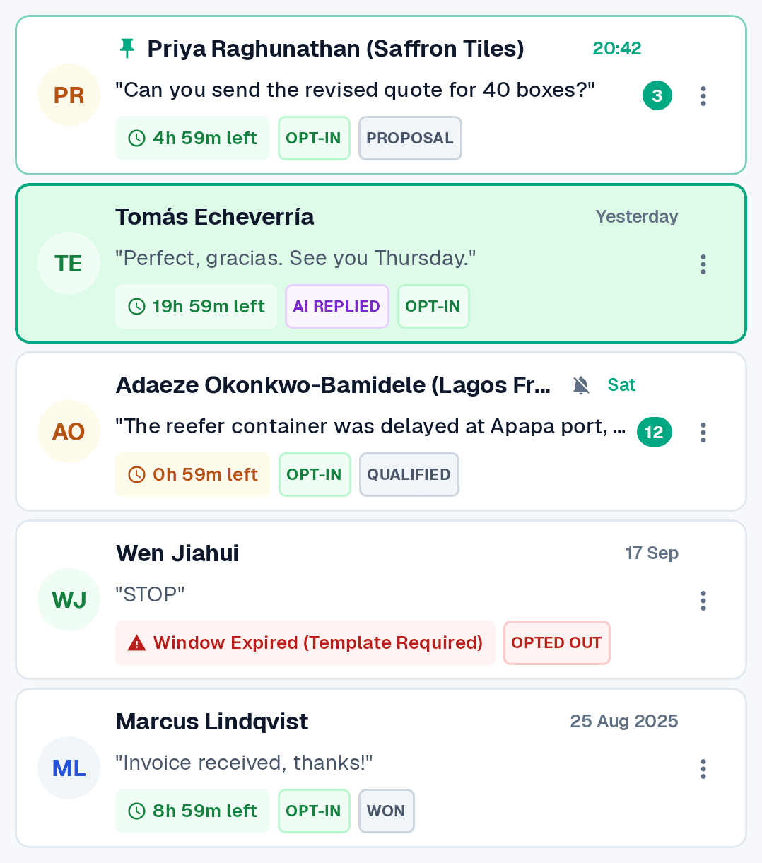 ChatPat inbox with reply-window timers, opt-in badges and pipeline stages